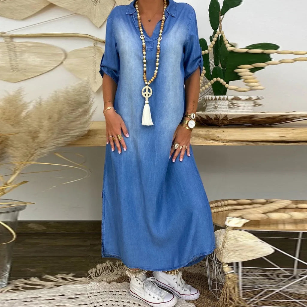 LEA™ – LANG KJOLE I DENIM-LOOK MED SIDESLIDS